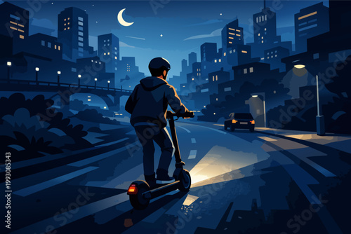 Person riding electric scooter through city street at night under moonlight