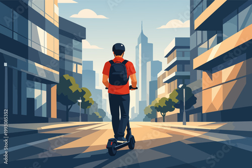 Man commuting to work on electric scooter in a modern city street