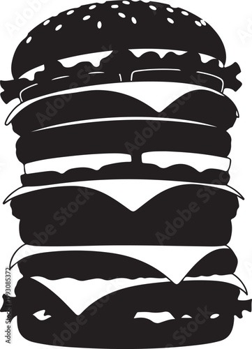 Black and white silhouette of a tall stacked hamburger with sesame seeds on bun sandwich food