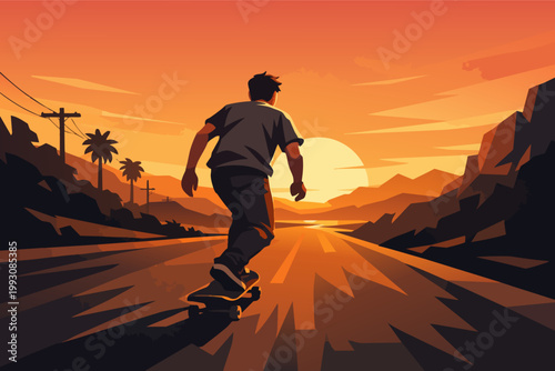 Skater riding longboard on an open road, embracing freedom and adventure at sunset