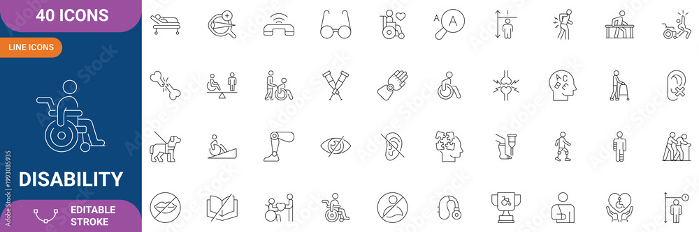 Fototapeta premium Disability Icon Set. Containing Physical, Mental, Accessibility, Assistive Devices, Wheelchair, Inclusion, Support, Care, Rehabilitation and etc. Line Icon. Editable Stroke. Vector file