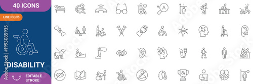 Disability Icon Set. Containing Physical, Mental, Accessibility, Assistive Devices, Wheelchair, Inclusion, Support, Care, Rehabilitation and etc. Line Icon. Editable Stroke. Vector file