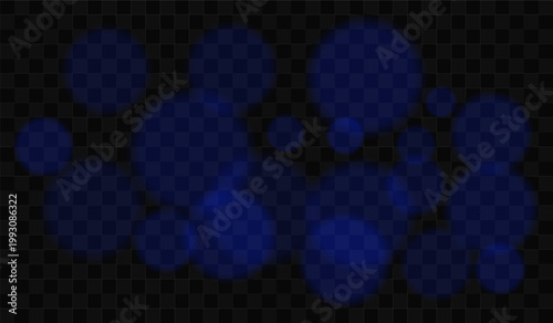 Abstract bokeh light composition. Multiple circular glow spots with soft edges, varying sizes arranged in layered composition, diffused transparency creating depth on transparent background