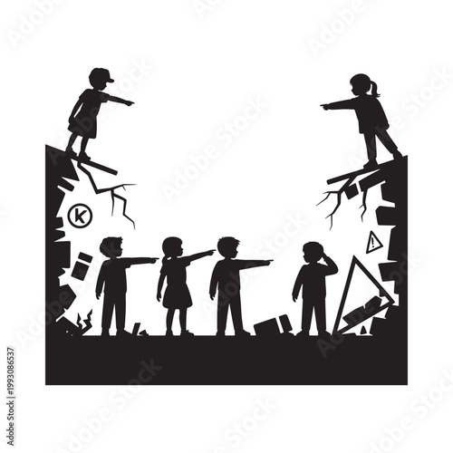 Children point towards a fractured landscape in a stark silhouette