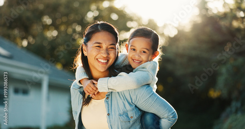 Bild auf Leinwand Daughter, mother and piggyback with portrait outdoor of home for bonding, family time or love