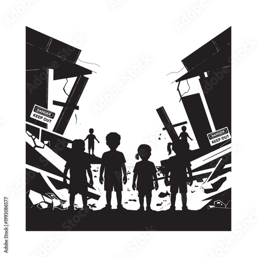 Silhouetted children stand amidst a fractured post disaster urban landscape