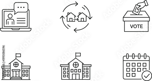 Online Voting and Election Icon Set Featuring Ballot Box, Digital Registration, Government Buildings, Calendar Scheduling, and Civic Process Symbols in Outline Style