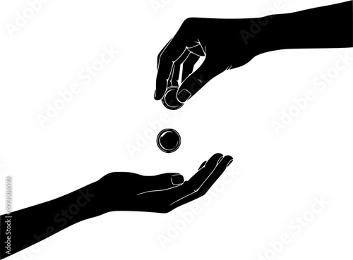 Helping Hand Silhouette: Giving Coin and Support for Poverty Relief Vector, Charity and Social Justice Concept Icon