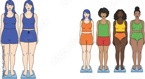 Diverse Women Body Type and Weight Scale Vector Illustration Set Featuring Multicultural Female Characters in Sportswear for Body Positivity Fitness and Health Concept Design