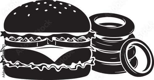 Black and white of a hamburger and onion rings cheeseburger fast food de