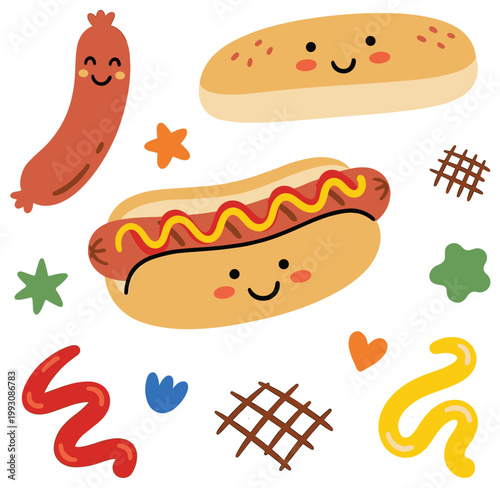 Cheerful cartoon hot dog and sausage vector illustration with cute smiling buns and playful condiments isolated.