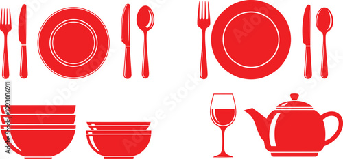 Red dinnerware set plates cutlery bowls wine glass and teapot arrangement