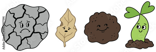 Detailed vector illustration of natural elements depicting health and decay, including rock, leaf, soil.