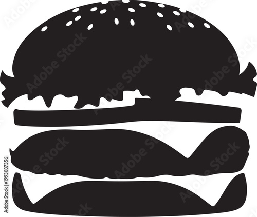 Black silhouette of a layered hamburger with sesame seeds on bun white d