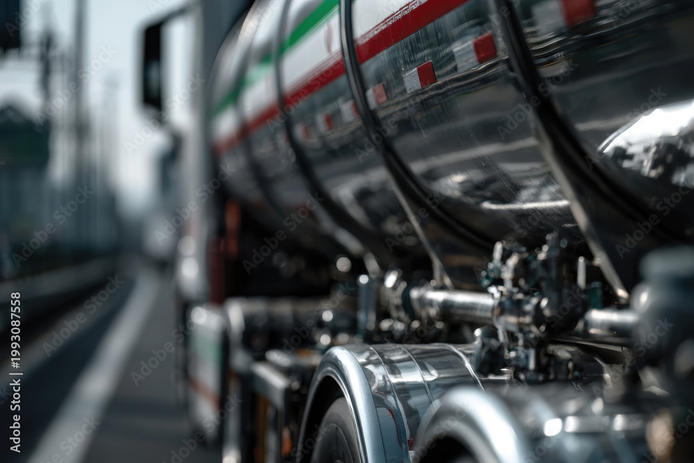 Fototapeta premium A shiny tanker truck driving on the highway, symbolizing the logistics of fuel transportation, and highlighting the importance of infrastructure in the energy sector and modern economy.