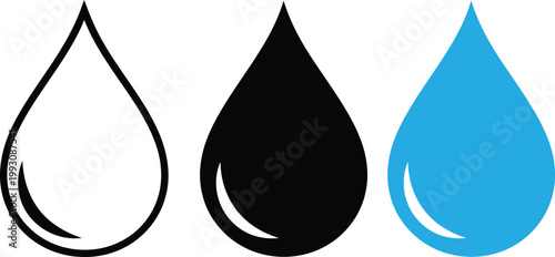 Three water droplets black gray and blue a minimalist illustration