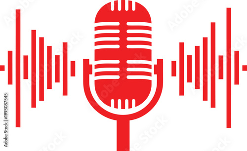 Vibrant red microphone with audio waveform background sound recording concept