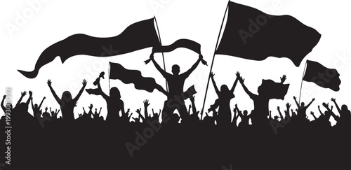 Crowd silhouette cheering people holding flags and banners at concert stadium protest rally or sports festival.