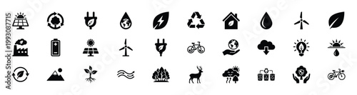 Collection of clean energy and eco icons representing sustainability, renewable power, and environmental protection for graphic design.