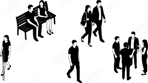 Isometric Vector People Set Featuring Walking and Sitting Figures with Shadows for Architectural Diagrams
