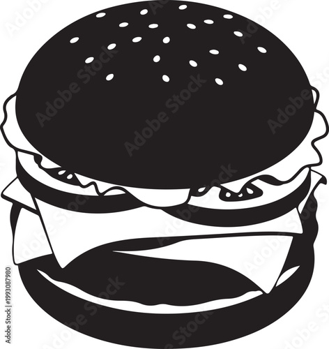 Black and white of a layered hamburger with sesame seeds food sandwich d