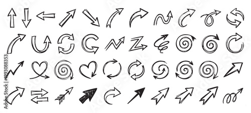 A Hand Drawn Arrow Icons Set. with Curved and Straight, Directional ,Doodles ,for Navigation Design.