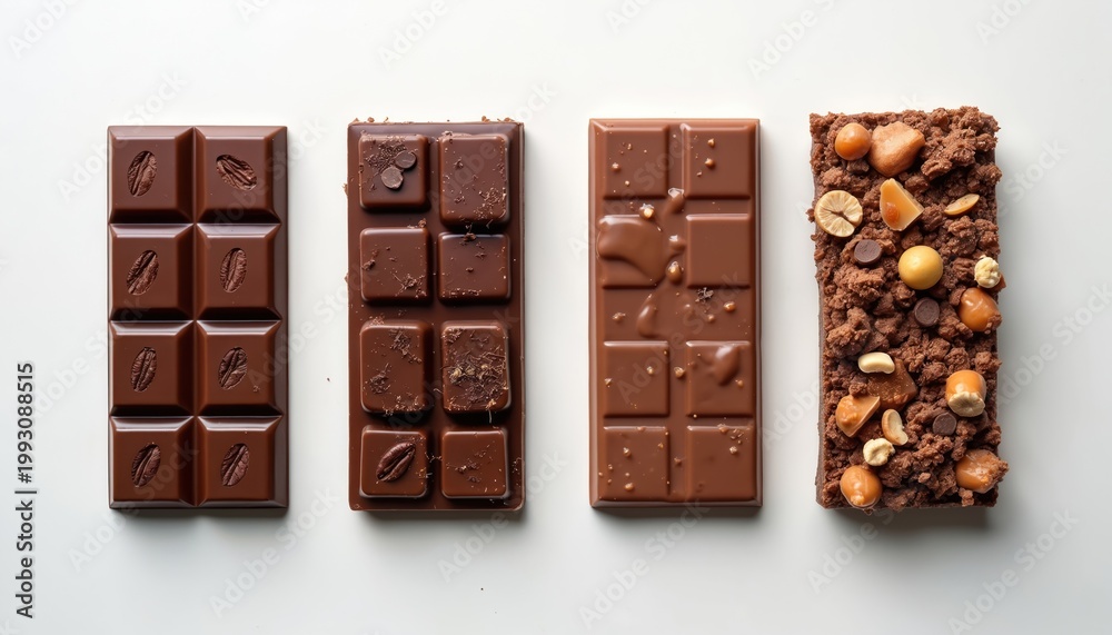 Obraz premium Four chocolate bars arranged on white surface. Chocolate types include plain smooth, coffee bean imprint, milk with toppings, and crunchy nut variety. Different textures and flavors.