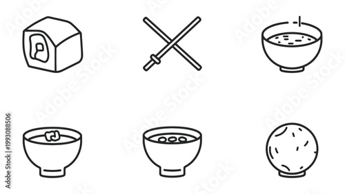 Japanese Cuisine Icons: An assortment of line art icons representing the diverse and delicate flavors of japanese culinary traditions. Conveying simplicity and elegant aesthetics.