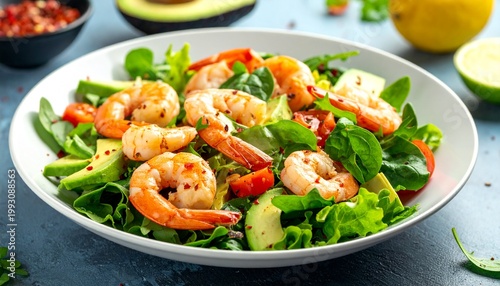 seafood salad with shrimp and avocado, fresh and vibrant look