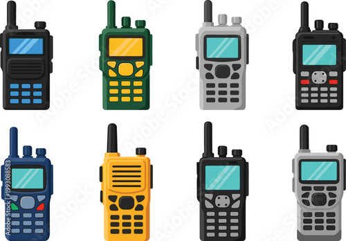 Colorful Walkie Talkie and Portable Radio Communication Device Vector Illustration Set Featuring Various Police Military and Security Two Way Radio Designs for Technology Concept