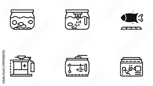 Aquarium Icons: Collection of simple aquarium icons. These clean graphic elements offer visual representation of fish tank. 