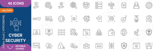 Cyber Security Icon Set. Containing Data Protection, Network Security, Privacy, Encryption, Firewall, Hacking, Malware, Antivirus, Secure Access and etc. Line Icon. Editable Stroke. Vector file