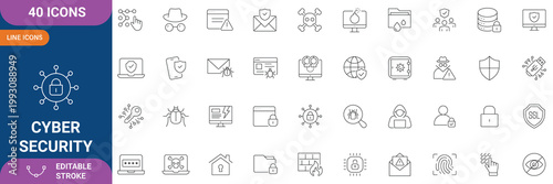 Cyber Security Icon Set. Containing Data Protection, Network Security, Privacy, Encryption, Firewall, Hacking, Malware, Antivirus, Secure Access and etc. Line Icon. Editable Stroke. Vector file