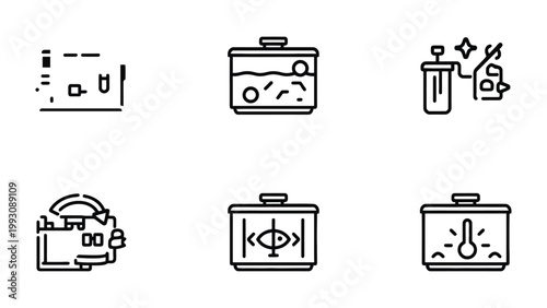 Aquarium Element Icons: A collection of simple, black and white line icons representing various elements of an aquarium setup, including tanks, filters, and other related components.