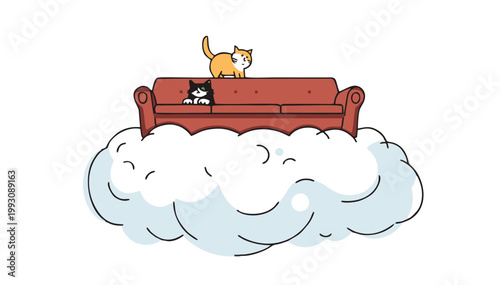 Minimalist Outline Cartoon Two Cats Resting on Sofa Floating on Dreamy Cloud Illustration