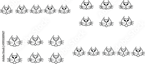 Cute Black and White Cat Face and Muzzle Vector Illustration Set Featuring Various Whisker Nose and Expression Doodle Designs for Pattern Sticker and Pet Lover Design