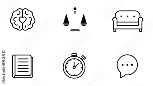 Mental Wellness Icons: An assortment of line art icons symbolizing elements like a brain and heart, balance, a couch, notepad, timer, and dialogue bubble, perfect for mental health visuals.
