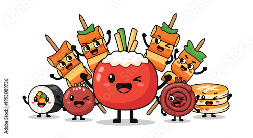 Group of cute cartoon food characters with happy expressions.