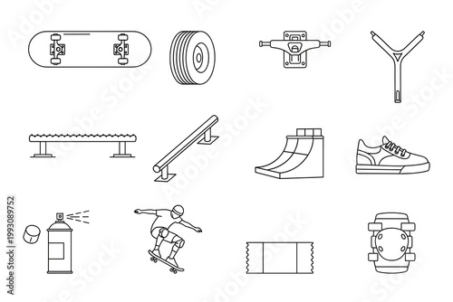 Collection of simple line art icons representing skateboarding equipment and obstacles for extreme sports