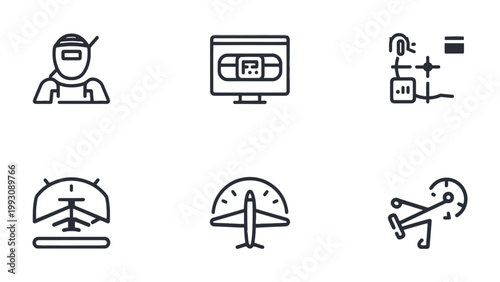 Pilot and Aviation Icon Set: A collection of concise line-art icons that encapsulates the essence of aviation, presenting key elements of piloting and aircraft operation. 