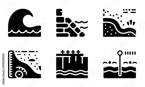 Collection of six black and white icons depicting various natural and manmade landscapes and geological formations