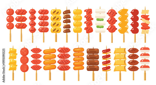 Set of assorted delicious grilled meat and vegetable skewers.