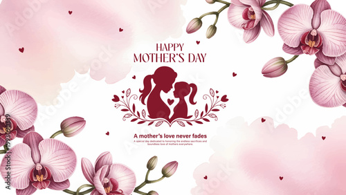 Happy Mothers Day Pink Orchid Floral Card, Beautiful Mothers Day Greeting With Orchids, Elegant Mother And Daughter Love Silhouette, Soft Pink Floral Mothers Day Banner Design