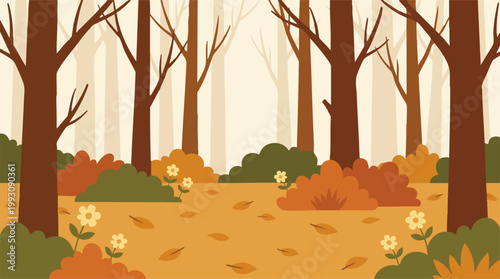 Stylized autumn forest landscape illustration with bare trees and fall foliage