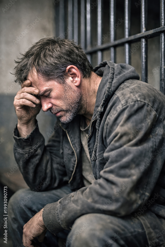 Obraz premium Portrait of a dirty, unshaven male prisoner in a jail cell , expressing deep regret and hopelessness