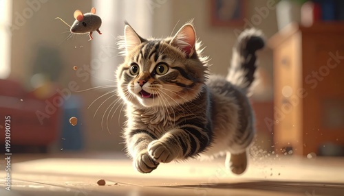 Playful Kitten Chasing Toy Mouse in Lively Indoor Scene.