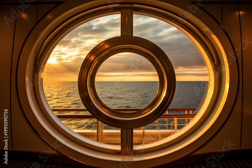 Porthole in a cruise ship revealing a golden sunset over the vast ocean, conveying luxury travel