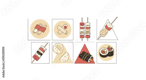 Set of assorted Japanese food icons featuring sushi rolls and yakitori skewers.