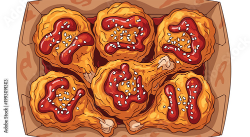 Top down view of crispy fried chicken pieces in a takeout box.