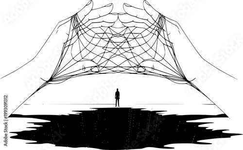 Social Safety Net Silhouette: Hands Creating Bridge for Support Vector, Poverty Alleviation and Community Help Icon